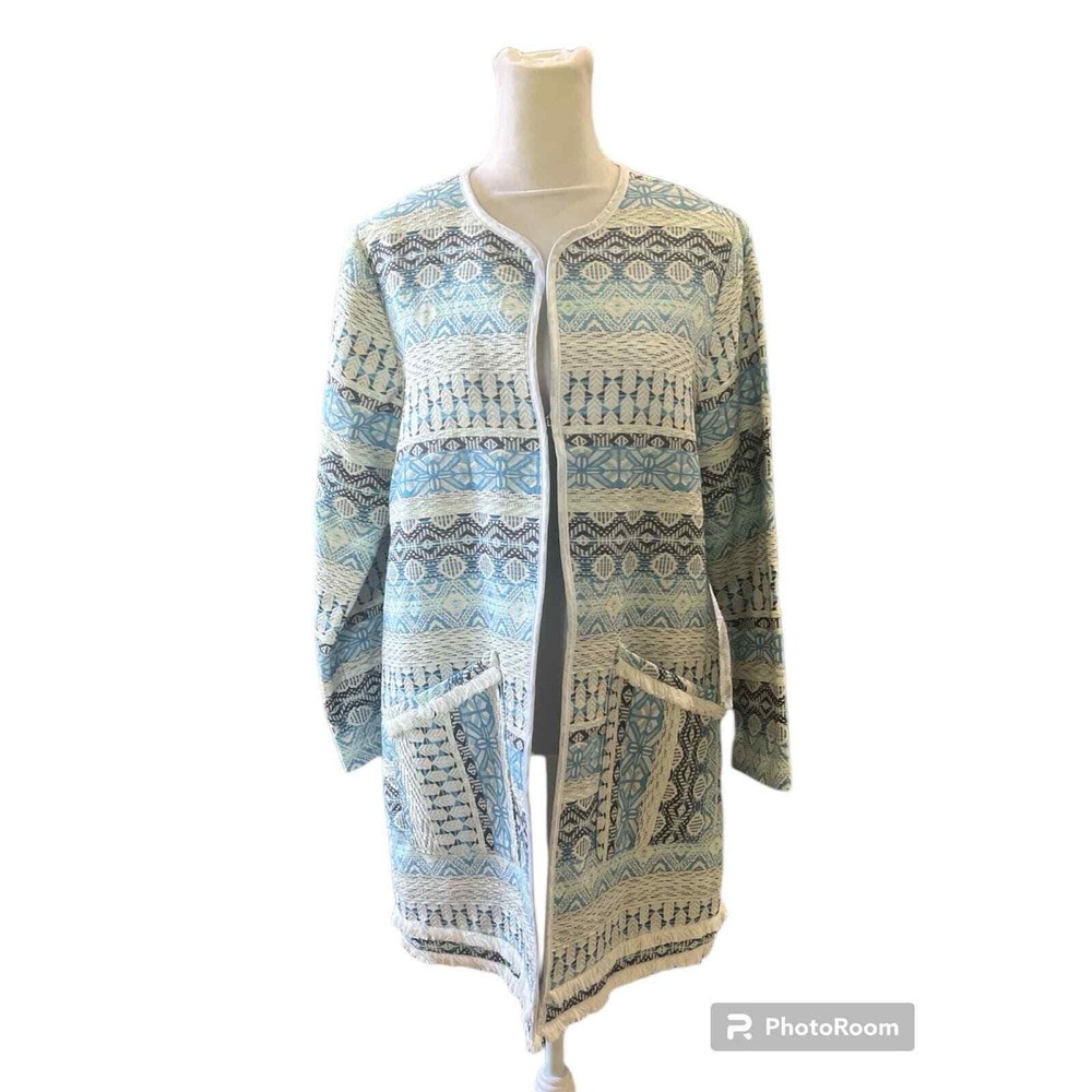 Peck & Peck Womens Blue Multi‎ Geometric Fringe Open Front Topper Jacket M